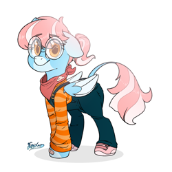 Size: 2400x2400 | Tagged: safe, artist:fluffyxai, derpibooru import, oc, oc only, oc:cloud jumper, pegasus, pony, bandaid, bandana, clothes, colored wings, colored wingtips, eye clipping through hair, eyebrows, eyebrows visible through hair, glasses, leonine tail, looking at you, overalls, shoes, smiling, sneakers, solo, standing, tail, wings