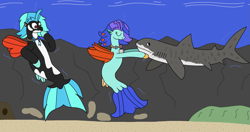 Size: 3087x1632 | Tagged: safe, artist:supahdonarudo, derpibooru import, oc, oc only, oc:icebeak, oc:sea lilly, seapony (g4), shark, bubble, camera, coral, crown, dorsal fin, eyes closed, female, fin, fin wings, fins, fish tail, flowing mane, flowing tail, gills, holding, jewelry, necklace, ocean, regalia, sand, scared, seaweed, shark tail, smiling, swimming, tail, underwater, water, wings