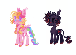 Size: 1470x1070 | Tagged: safe, artist:peaceandlove26, derpibooru import, oc, oc only, oc:charm bracelet, oc:snowflake obsidian, pegasus, pony, unicorn, g4, black and red tail, black coat, blank flank, blue eyes, bracelet, braid, braided ponytail, braided tail, coat markings, colored eyelashes, colored hooves, colored horn, colored horntip, colored legs, colored wings, duo, duo male and female, ear tufts, female, female oc, freckles, hair tie, hooves, horn, jewelry, leonine tail, long mane, long tail, magical lesbian spawn, male, mare oc, matching bracelets, multicolored hair, multicolored mane, multicolored tail, next generation, not rarity (g3), offspring, open mouth, open smile, parent:fluttershy, parent:princess cadance, parent:rarity, parent:shining armor, parents:flarity, parents:shiningcadance, pegasus oc, pink hooves, pink wings, ponytail, purple eyelashes, red and black mane, red eyes, red hooves, shiny hooves, shiny mane, shiny tail, simple background, smiling, socks (coat marking), solo, standing, tail, tall ears, three quarter view, three toned horn, three toned mane, three toned tail, tied mane, two toned wings, unicorn oc, wall of tags, white background, wings