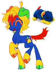 Size: 673x863 | Tagged: safe, artist:peaceandlove26, derpibooru import, oc, oc only, dog, dog pony, earth pony, original species, pony, 2023, big eyes, bipedal, blue coat, coat markings, colored eyelashes, colored hooves, colored legs, colored sketch, colorful, dog ears, dog tail, eyes closed, eyestrain warning, fluffy mane, fluffy tail, hooves, leg markings, long legs, mismatched ears, mismatched hooves, multicolored hooves, needs more saturation, old art, orange eyelashes, pixel-crisp art, plushie, raised hoof, raised leg, red tail, reference used, saturated, shiny eyelashes, shiny hooves, simple background, sketch, slender, smiling, socks (coat marking), solo, tail, thin, tongue, tongue out, two toned mane, unnamed oc, white background