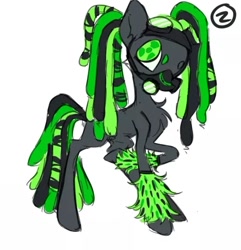 Size: 524x543 | Tagged: safe, artist:peaceandlove26, derpibooru import, oc, oc only, oc:radioactive rebel, earth pony, pony, 2023, big ears, big eyes, chest fluff, clothes, colored eyebrows, colored pupils, cybergoth, cyberlox, dreadlocks, ears, earth pony oc, furry leg warmers, gas mask, gray coat, green eyes, green mane, green pupils, leg warmers, looking back, mask, no catchlights, old art, pigtails, profile, raised hoof, raised leg, solo, standing on three hooves, thin legs, three toned mane, three toned tail, tied mane, unusual pupils