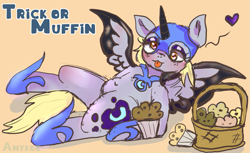 Size: 1053x645 | Tagged: safe, artist:anykoe, derpibooru import, derpy hooves, pegasus, clothes, colored sketch, cosplay, costume, female, floating heart, food, halloween, happy, heart, holiday, looking at you, lying down, mlp fim's fourteenth anniversary, muffin, nightmare night, on side, signature, simple background, sketch, solo, spread wings, text, tongue, tongue out, trick or treat, wings