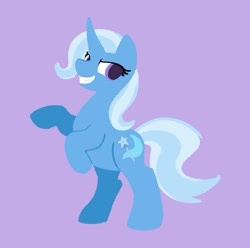 Size: 1247x1237 | Tagged: safe, artist:toothpaste_spl, derpibooru import, trixie, pony, unicorn, g4, female, grin, horn, lineless, mare, purple background, rearing, simple background, smiling, solo, teeth