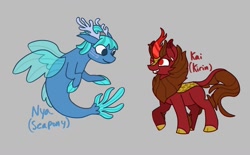 Size: 1575x977 | Tagged: safe, artist:toothpaste_spl, derpibooru import, oc, oc only, oc:kai, oc:nya, kirin, sea pony, seapony (g4), coral, dorsal fin, duo, fin, fin wings, fins, fish tail, flowing mane, flowing tail, gray background, grin, looking at each other, looking at someone, raised hoof, raised leg, simple background, smiling, smiling at each other, tail, wings