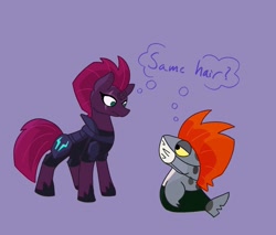 Size: 1505x1280 | Tagged: safe, artist:toothpaste_spl, derpibooru import, tempest shadow, pony, unicorn, g4, broken horn, clothes, crossover, duo, horn, looking at each other, looking at someone, mask, purple background, salmonid, simple background, splatoon