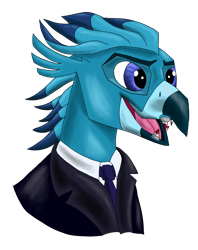 Size: 2348x2964 | Tagged: safe, artist:jack-varus, derpibooru import, oc, oc:ocean squall, classical hippogriff, hippogriff, beak, bust, clothes, costume, fake teeth, fangs, hippogriff oc, male, mlp fim's fourteenth anniversary, portrait, simple background, suit, transparent background, vampire costume