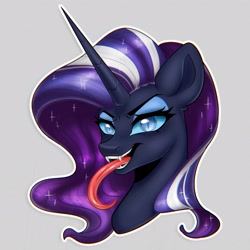 Size: 2560x2560 | Tagged: safe, artist:murny, derpibooru import, nightmare rarity, pony, unicorn, g4, bust, fangs, horn, long tongue, portrait, solo, sparkles, tongue, tongue out