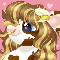 Size: 4000x4000 | Tagged: safe, artist:fizzlefer, derpibooru import, oc, oc only, oc:biscuit, cow, cow pony, earth pony, pony, blue eyes, body markings, bovine, brown hair, brown markings, cow oc, crossbreed, ear markings, horns, icon, jewelry, long hair, long mane, matching icon, simple background, solo, white coat