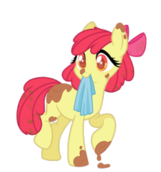 Size: 1080x1156 | Tagged: safe, artist:xiaotanhuan, derpibooru import, apple bloom, earth pony, pony, bow, dirty, female, full body, hair bow, mare, mouth hold, older, rag, show accurate, simple background, smiling, solo, transparent background