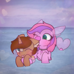 Size: 2664x2664 | Tagged: safe, artist:sodapop sprays, derpibooru import, oc, oc only, oc:copper core, oc:lilac, hippogriff, pony, unicorn, beach, biting, ear bite, hawaii, hippogriff oc, horn, one eye closed, swimming, wink