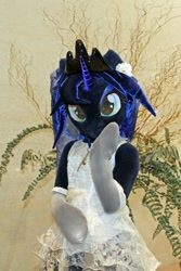 Size: 600x900 | Tagged: safe, artist:kolshica, derpibooru import, princess luna, 2017, clothes, dress, fursuit, hoof on cheek, indoors, irl, jewelry, photo, ponysuit, regalia, socks, solo