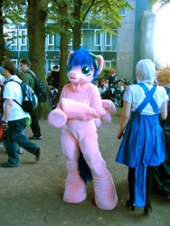 Size: 480x640 | Tagged: safe, artist:atalonthedeer, derpibooru import, firefly, human, g1, 2012, connichi, fursuit, irl, irl human, outdoors, photo, ponysuit, solo focus