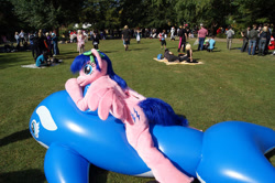 Size: 640x426 | Tagged: safe, artist:atalonthedeer, derpibooru import, firefly, human, whale, g1, 2012, connichi, fursuit, grass, grass field, inflatable, irl, irl human, lying down, outdoors, photo, ponysuit, prone, solo focus