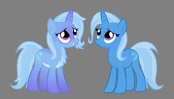 Size: 680x385 | Tagged: source needed, safe, artist:toothpaste_spl, derpibooru import, trixie, pony, unicorn, alternate design, chest fluff, countershading, cute, cute little fangs, fangs, female, gray background, horn, looking up, mare, pale belly, simple background