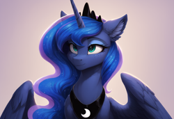 Size: 2432x1664 | Tagged: safe, ai content, derpibooru import, machine learning generated, princess luna, alicorn, pony, g4, anonymous prompter, cute, ear fluff, ears, ethereal mane, feathered wings, freckles, smiling, solo, spread wings, starry mane, wings