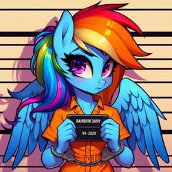 Size: 1024x1024 | Tagged: safe, ai content, derpibooru import, generator:bing image creator, generator:dall-e 3, machine learning generated, rainbow dash, anthro, g4, arrested, blushing, cuffs, freckles, handcuffed, jail, looking at you, mugshot, solo