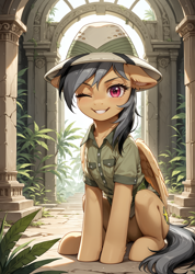 Size: 1592x2240 | Tagged: safe, ai content, derpibooru import, machine learning generated, daring do, pegasus, pony, archaeologist, bush, clothes, column, daring dorable, day, explorer, female, feminism, forest, hat, jungle, looking at you, mare, nature, olive green shirt, one eye closed, pith helmet, prompter:bluetoothworld, ruins, shirt, sitting, smiling, smiling at you, solo, tree, wings, wink