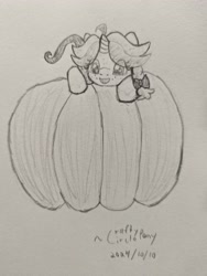 Size: 3072x4080 | Tagged: safe, artist:craftycirclepony, derpibooru import, oc, oc only, oc:crafty circles, unicorn, bow, climbing, cute, female, filly, foal, freckles, hair bow, happy, horn, open mouth, pencil drawing, pumpkin, solo, traditional art