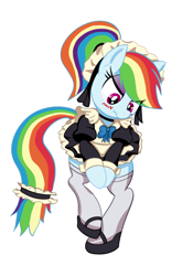 Size: 1101x1576 | Tagged: safe, artist:calmbreezes, derpibooru import, rainbow dash, pegasus, pony, bipedal, blush scribble, blushing, clothes, embarrassed, maid, maid headdress, rainbow maid, socks, solo, thigh highs