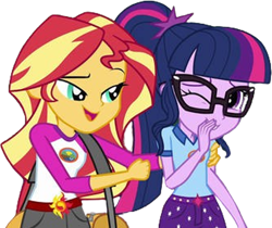 Size: 2998x2520 | Tagged: safe, derpibooru import, edit, edited screencap, editor:mrtoonlover83, screencap, sci-twi, sunset shimmer, twilight sparkle, human, equestria girls, g4, legend of everfree, background removed, camp everfree outfits, duo, duo female, female, not a vector