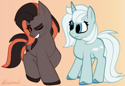 Size: 769x528 | Tagged: safe, artist:kharmacal, artist:scenesparkledog, derpibooru import, oc, oc only, oc:permafrost, oc:smokeshow, pony, duo, one eye closed, wink