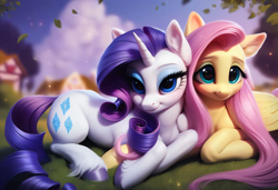 Size: 4864x3328 | Tagged: safe, ai content, machine learning generated, fluttershy, rarity, pegasus, pony, unicorn, duo, ear fluff, ears, female, folded wings, friendshipping, grass, lying down, lying on grass, lying on the ground, mare, on ground, ponyville, prone, smiling, unshorn fetlocks