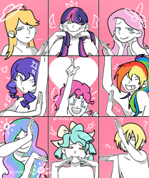 Size: 750x895 | Tagged: safe, artist:xiaotanhuan, derpibooru import, applejack, cozy glow, fluttershy, pinkie pie, princess celestia, rainbow dash, rarity, twilight sparkle, human, g4, humanized, mane six