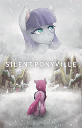 Size: 1325x2048 | Tagged: safe, artist:mscolorsplash, derpibooru import, maud pie, pinkie pie, earth pony, pony, fanfic:silent ponyville, g4, balloon, butt, duo, duo female, facing away, fanfic, fanfic art, fanfic cover, female, mare, outdoors, pie sisters, pinkamena diane pie, plot, ponyville, siblings, silent hill, sisters, snow, snowfall, text