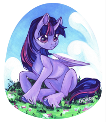 Size: 1789x2048 | Tagged: safe, artist:dorry, derpibooru import, twilight sparkle, twilight sparkle (alicorn), alicorn, pony, g4, belly, cloud, colored, colored hooves, ear fluff, ears, female, flower, gouache, grass, grass field, hooves, looking sideways, nature, outdoors, sitting, sky, solo, traditional art, unshorn fetlocks