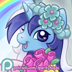 Size: 1200x1200 | Tagged: safe, artist:sparkytopia, derpibooru import, minuette, pony, unicorn, a canterlot wedding, g3, g3.5, g4, advertisement, bouquet, clothes, dress, female, flower, g4 to g3, g4 to g3.5, generation leap, headband, horn, looking at you, mare, open mouth, open smile, patreon, patreon link, patreon preview, patreon reward, rainbow, smiling, solo, wingding eyes