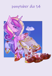 Size: 1280x1859 | Tagged: safe, artist:zackchibi, derpibooru import, princess cadance, alicorn, pony, g4, blood, clothes, costume, deviantart watermark, dress, female, halloween, halloween costume, head turn, mare, obtrusive watermark, passepartout, ponytober 2024, solo, watermark, wedding dress, zombie costume