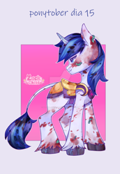 Size: 1280x1859 | Tagged: safe, artist:zackchibi, derpibooru import, shining armor, pony, unicorn, worm, g4, armor, blood, clothes, costume, deviantart watermark, halloween, halloween costume, head turn, horn, lidded eyes, male, obtrusive watermark, passepartout, ponytober 2024, saddle, solo, stallion, tack, unshorn fetlocks, watermark, zombie costume