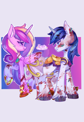 Size: 1280x1859 | Tagged: safe, artist:zackchibi, derpibooru import, princess cadance, shining armor, alicorn, pony, unicorn, worm, g4, armor, blood, clothes, costume, deviantart watermark, dress, female, halloween, halloween costume, head turn, holiday, horn, lidded eyes, male, mare, obtrusive watermark, passepartout, ponytober 2024, saddle, shiningcadance, shipping, stallion, straight, tack, unshorn fetlocks, watermark, wedding dress, zombie costume