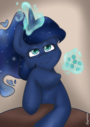 Size: 540x764 | Tagged: safe, artist:lucajcart, derpibooru import, princess luna, alicorn, pony, g4, dice, dungeons and dragons, ethereal mane, female, glowing, glowing horn, hoof under chin, horn, lidded eyes, looking at you, magic, mare, pen and paper rpg, rpg, signature, smiling, solo, table, telekinesis