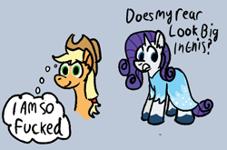 Size: 1196x787 | Tagged: safe, artist:zoeyhorse, derpibooru import, applejack, rarity, earth pony, pony, unicorn, g4, butt, clothes, dialogue, dress, duo, duo female, female, gray background, horn, lesbian, mare, rarijack, rearity, shipping, simple background, thought bubble, unshorn fetlocks, vulgar