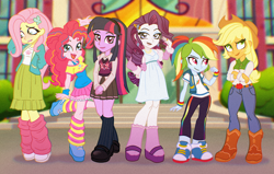 Size: 2544x1619 | Tagged: safe, alternate version, artist:byefella, derpibooru import, applejack, fluttershy, pinkie pie, rainbow dash, rarity, twilight sparkle, human, equestria girls, g4, applejack's hat, arm behind back, arm behind head, blushing, boots, canterlot high, clasped hands, clothes, converse, cowboy boots, cowboy hat, crossed arms, denim, dress, eyeroll, female, hairclip, hat, headband, height difference, high res, hoodie, humane five, humane six, jacket, jeans, jewelry, kneesocks, leg warmers, lips, lipstick, looking at you, mary janes, necklace, open mouth, open smile, pants, pink lipstick, pleated skirt, ponytail, ring, sandals, shoes, skirt, sleeveless, sleeveless hoodie, smiling, smiling at you, smoldash, sneakers, socks, standing, standing on one leg, striped leg warmers, sundress, sweater, sweater vest, sweatpants, tallershy