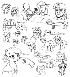 Size: 570x624 | Tagged: safe, artist:kabayo, derpibooru import, applejack, twilight sparkle, unicorn twilight, oc, oc:anon, earth pony, human, pony, unicorn, amogus, among us, black and white, bomb, boop, disembodied hand, drool, female, grayscale, hair over eyes, hand, horn, human male, long pony, male, mare, meme, monochrome, older, older applejack, shawl, sick, simple background, tsuchinoko, weapon, white background