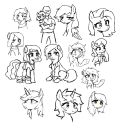 Size: 630x650 | Tagged: safe, artist:kabayo, derpibooru import, oc, oc:anon, earth pony, human, pegasus, pony, unicorn, black and white, doodle, female, grayscale, horn, human male, male, mare, monochrome, simple background, stallion, white background