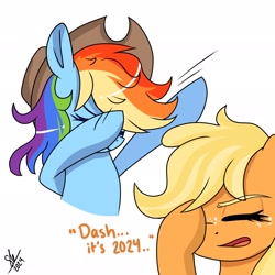 Size: 2048x2048 | Tagged: safe, artist:galaxy swirl, derpibooru import, applejack, rainbow dash, earth pony, pegasus, pony, g4, accessory swap, appledash, applejack's hat, clothes, cowboy hat, dab, duo, duo female, eyes closed, facepalm, female, freckles, hat, high res, lesbian, mare, open mouth, shipping, signature, simple background, white background