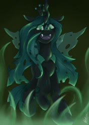 Size: 540x764 | Tagged: safe, artist:lucajcart, derpibooru import, queen chrysalis, changeling, fire, green fire, solo