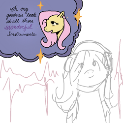 Size: 800x800 | Tagged: safe, artist:bvnnyface, derpibooru import, fluttershy, pegasus, pony, g4, bust, dialogue, female, headphones, mare, metallica, sketch, solo