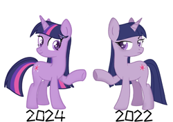 Size: 750x529 | Tagged: safe, artist:xiaotanhuan, derpibooru import, twilight sparkle, unicorn twilight, pony, unicorn, 2022, 2024, alternate hair color, alternate hairstyle, comparison, female, horn, lidded eyes, mare, simple background, solo, spread wings, standing, white background, wings