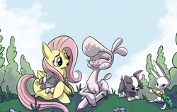 Size: 3332x2104 | Tagged: safe, artist:lytlethelemur, derpibooru import, angel bunny, fluttershy, pom lamb, dog, lamb, pegasus, pony, sheep, them's fightin' herds, g4, cloven hooves, community related, crossover, eyes closed, female, folded wings, grass, group, high res, lying down, mare, prone, puppy, quartet, smiling, tree, wings