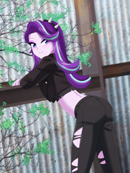 Size: 900x1200 | Tagged: safe, artist:riouku, derpibooru import, starlight glimmer, human, equestria girls, g4, ass, bedroom eyes, butt, clothes, commission, denim, eyeshadow, female, goth, grin, hairband, jacket, jeans, leather, leather jacket, makeup, pants, ripped jeans, ripped pants, smiling, solo, torn clothes