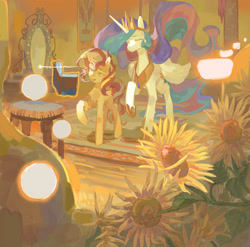 Size: 2776x2744 | Tagged: safe, artist:xiangquxiaomaguo, derpibooru import, princess celestia, sunset shimmer, alicorn, pony, unicorn, book, duo, female, flower, horn, levitation, magic, magic mirror, mare, sunflower, telekinesis