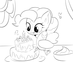 Size: 1807x1536 | Tagged: safe, artist:moppyshine, derpibooru import, pinkie pie, earth pony, pony, black and white, cake, candle, cute, food, frosting, grayscale, monochrome, solo