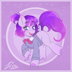 Size: 2048x2048 | Tagged: safe, artist:duckyia, derpibooru import, oc, oc only, earth pony, pony, blue eyes, blushing, bow, bowtie, clothes, eyebrows, eyebrows visible through hair, looking at you, open mouth, pink hooves, ponytail, purple background, purple hair, purple mane, raised hoof, raised leg, simple background, smiling, smiling at you, solo, sweater, teeth, unshorn fetlocks