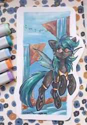 Size: 1502x2160 | Tagged: safe, artist:lonerdemiurge_nail, derpibooru import, oc, oc only, oc:04, changeling, pony, changeling oc, solo, traditional art, water, waterfall, wings