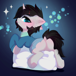 Size: 3800x3772 | Tagged: safe, artist:empress-twilight, derpibooru import, oc, oc only, oc:cyan delta, pony, unicorn, :p, blushing, butt, clothes, commission, dock, ear fluff, ears, eyebrows, female, fluffy, from behind, gradient background, hoodie, horn, looking back, lying down, mare, pillow, plot, raised tail, rule 63, scarf, skirt, smiling, solo, sparkles, tail, tongue, tongue out, underhoof, unicorn oc, ych result