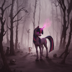 Size: 2048x2048 | Tagged: safe, ai content, derpibooru import, generator:pony diffusion v6 xl, generator:stable diffusion, machine learning generated, twilight sparkle, unicorn twilight, pony, unicorn, g4, black sclera, bone, dark forest, female, forest, glowing, glowing eyes, glowing horn, horn, magic, mare, nature, necromancer, night, nightmare night, prompter:star-dragon, skull, solo, tree